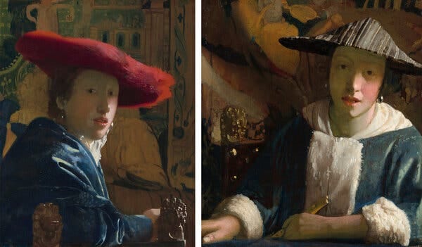 “Girl With the Red Hat,” left, and “Girl With a Flute” appear to have the same sitter, but only one was actually painted by Vermeer.