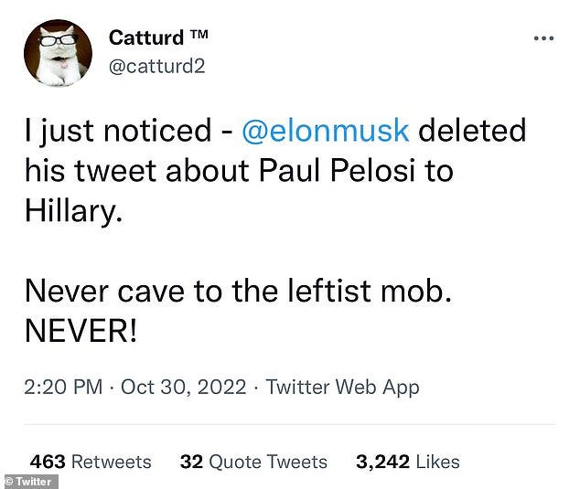 Some of Musk's supporters accused him of 'caving to the leftist mob' by deleting the tweet
