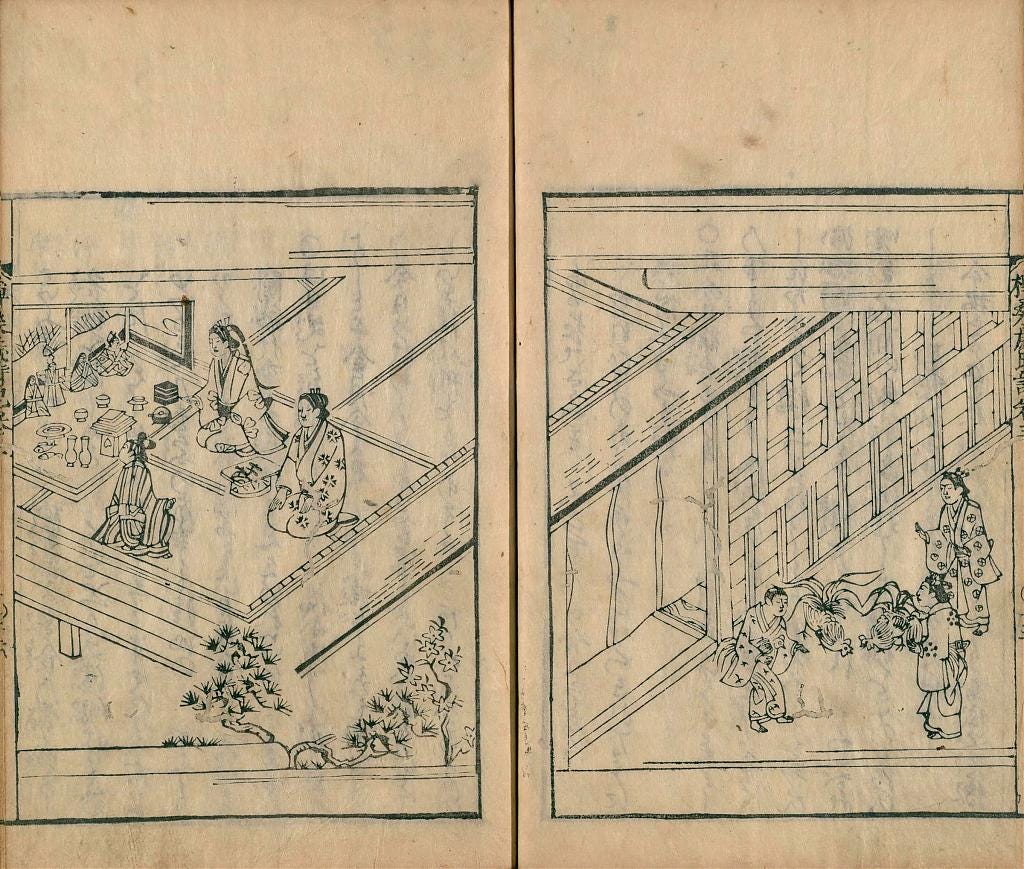 Woodblock print of hinamatsuri and cockfight