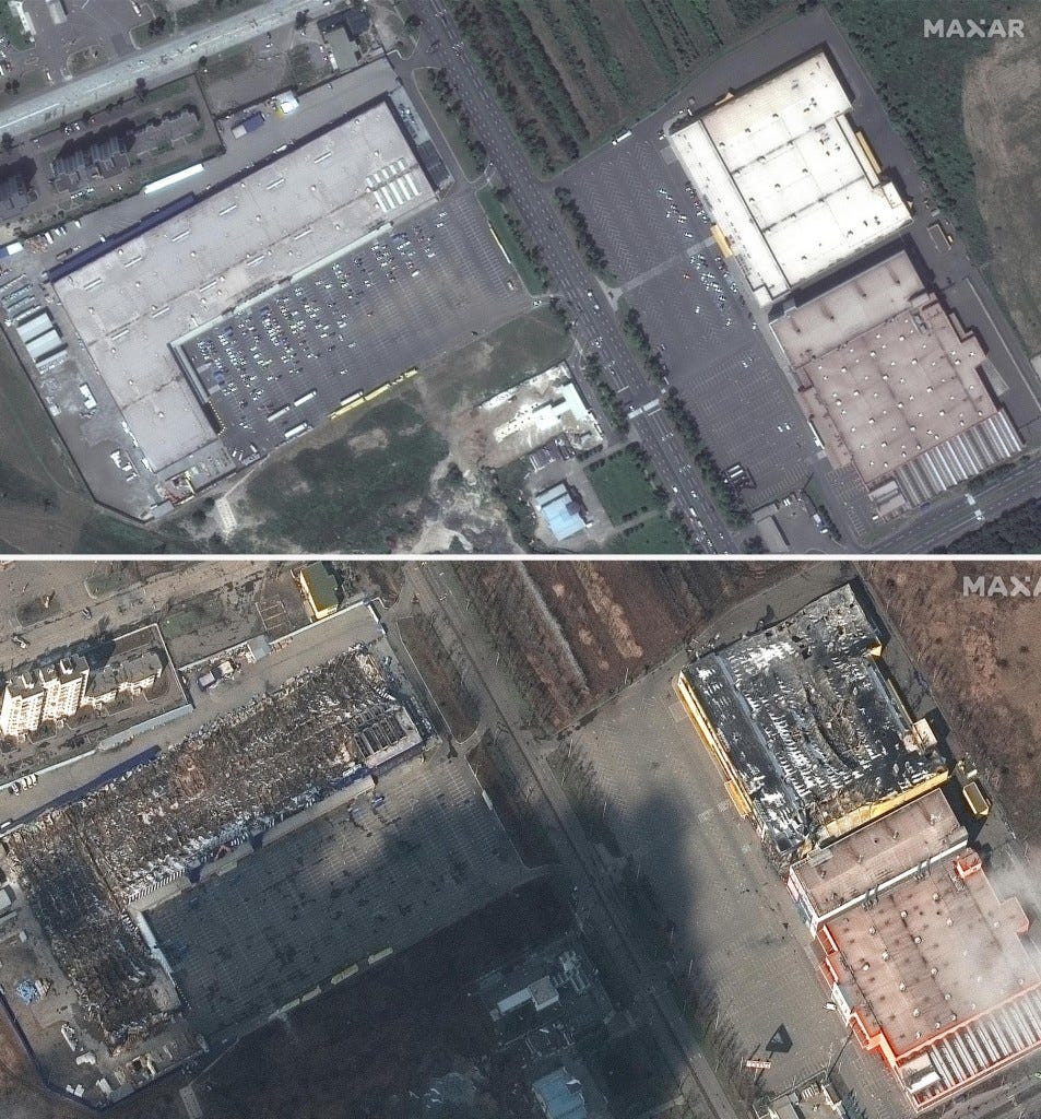 Before/after images of destroyed grocery stores and shopping malls in western Mariupol