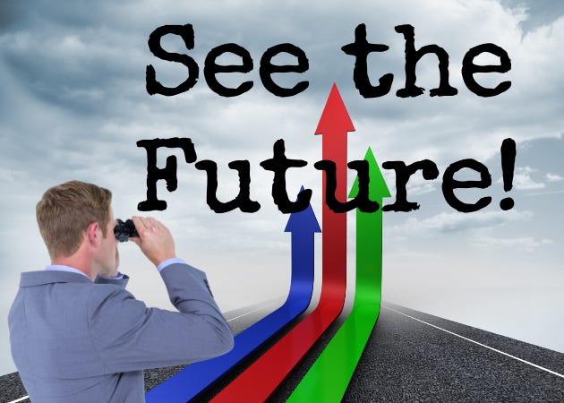 Man with binoculars looking down a highway, with arrows pointing up and text saying, "See the Future!"