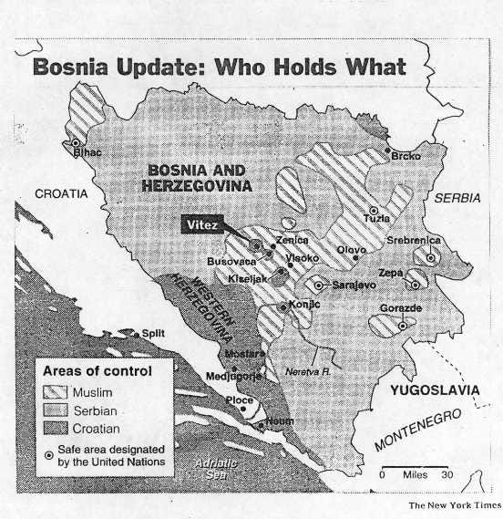 Map of Bosnia from a New York Times article during the war. It depicts the international understanding of the belligerents and their locations in the state.