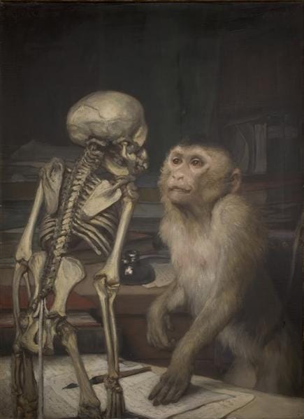 Monkey before skeleton, Gabriel von Max, 1900