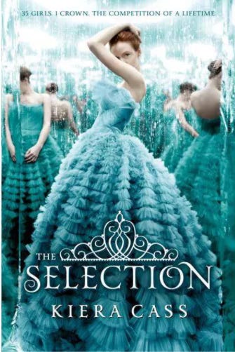 The cover of The Selection by Kiera Cass. It depicts a young white woman with red hair posing in front of a mirror in a poofy blue ballgown. Her reflections cover the background. 