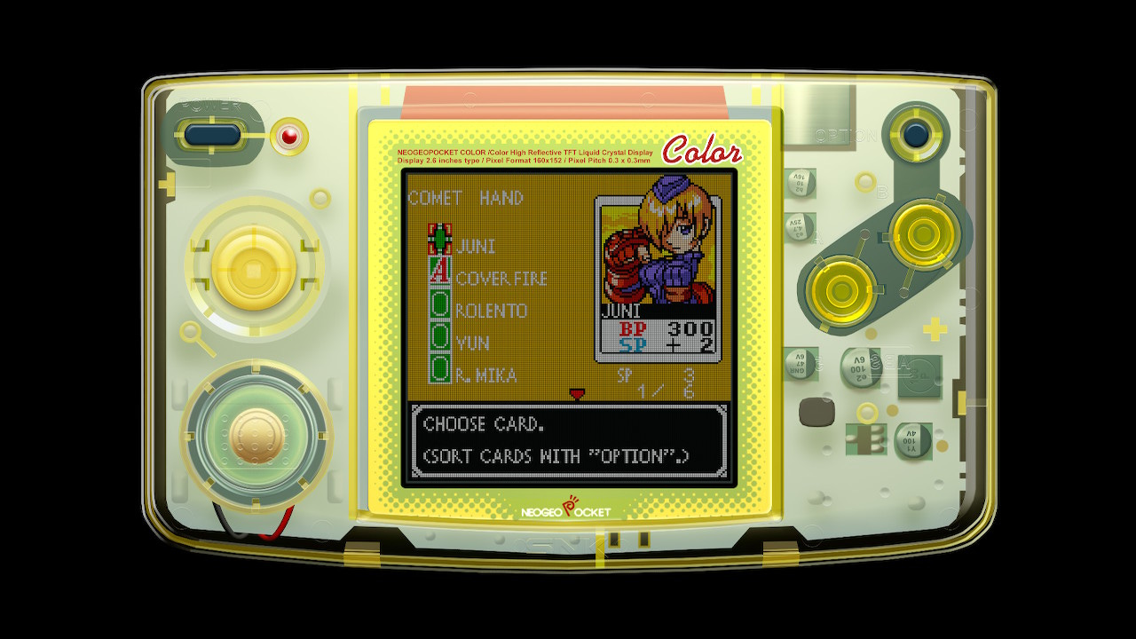 A screenshot of the card select screen, featuring Juni, who has 300 BP and gives you +2 SP