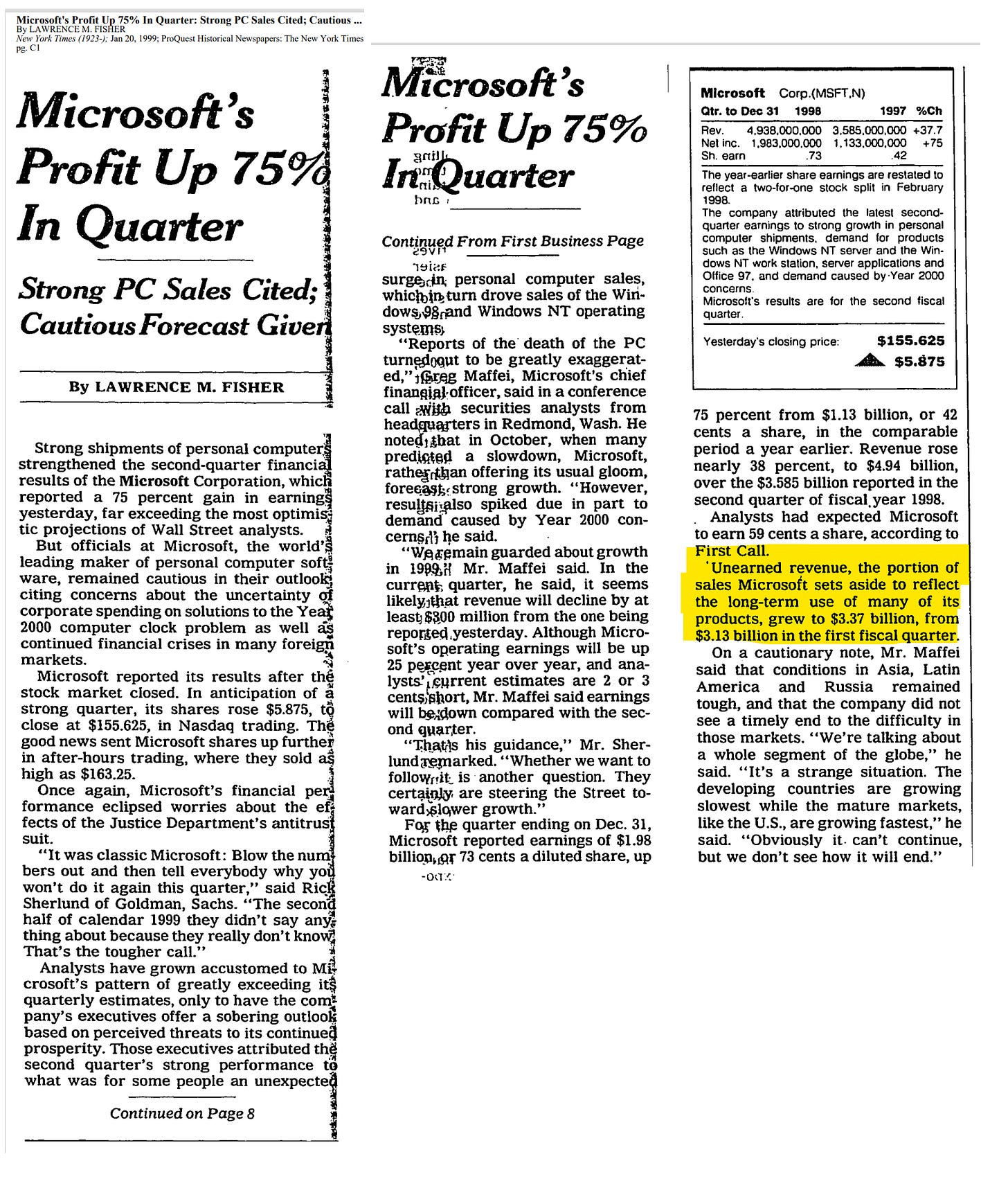 Microsoft's Profit Up 75% In Quarter reads the headline. Highlighted by author is "Unearned revenue, the portion of sales microsoft sets aside to reflect long-term use of many of its products grew to $3.37 billion, from 3.13 billion in the first quarter"