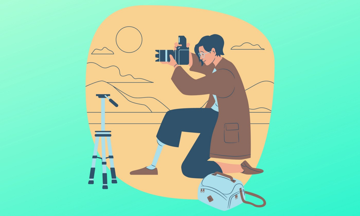 An illustration of a woman photographer taking a photo. She’s holding the camera up actively taking a photo.