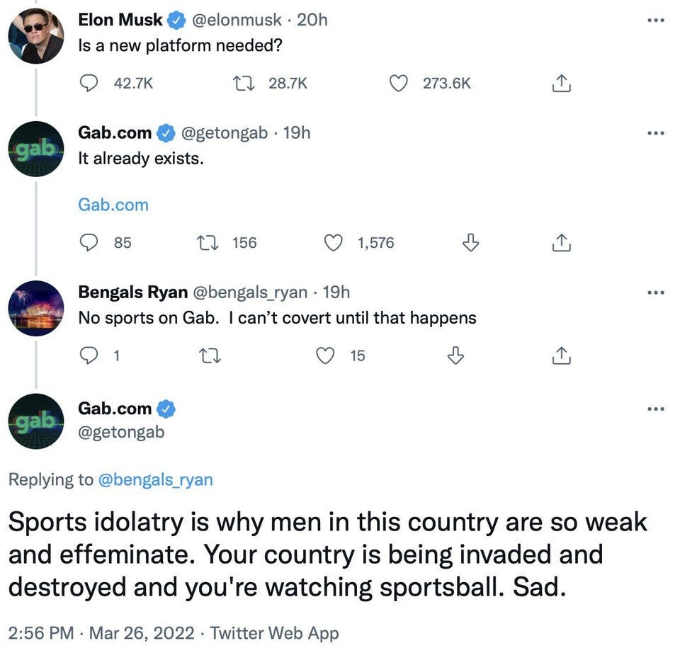 r/insanepeoplefacebook - Nazi alt right Twitter platform Gab owner has some interesting opinions about sports