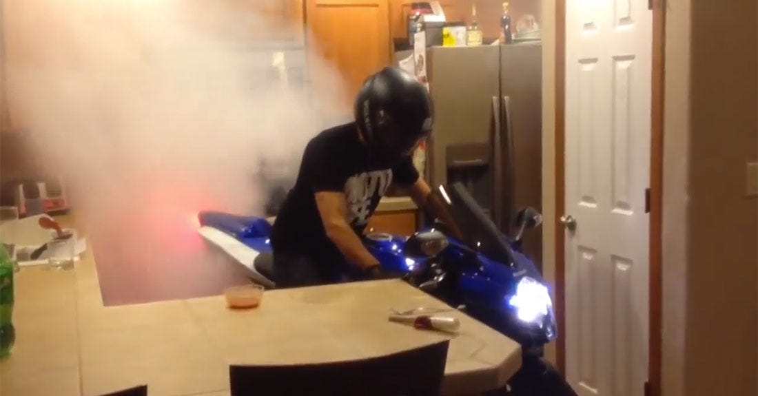 Rider Roasts Tires in His Kitchen With a Suzuki GSXR ...