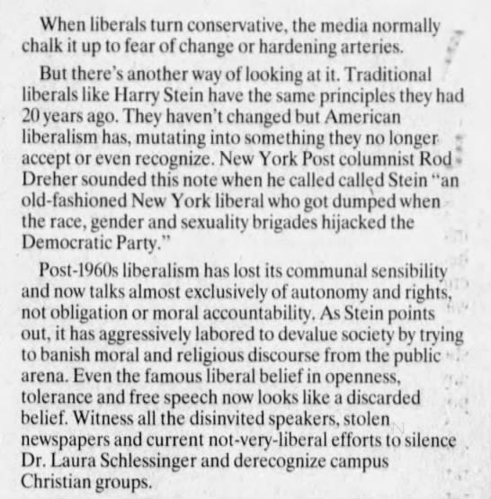 "New York Post columnist Rod Dreher sounded this note when he called Stein 'an old-fashioned New York liberal who got dumped when the race, gender and sexuality brigades hijacked the Democratic Party.'"