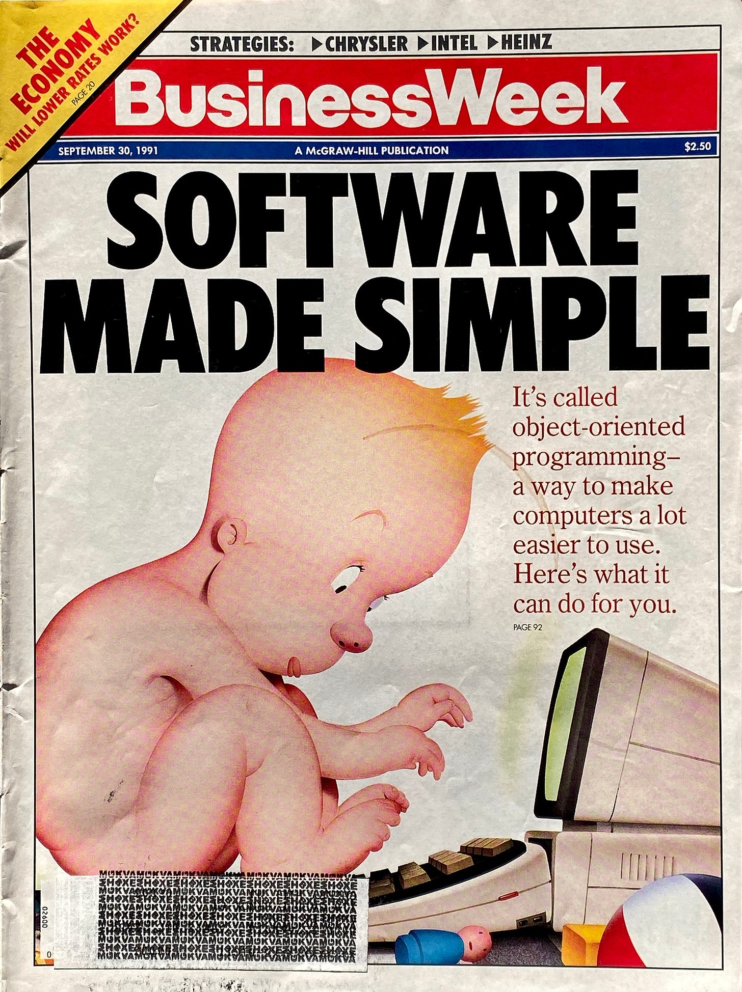 BusinessWeek magazine cover: Software Made Simple with a drawing of a baby sitting at a computer (in diapers): "Its called object-oriented programming-a way to make computers a lot easier to use. Here's what it can do for you."