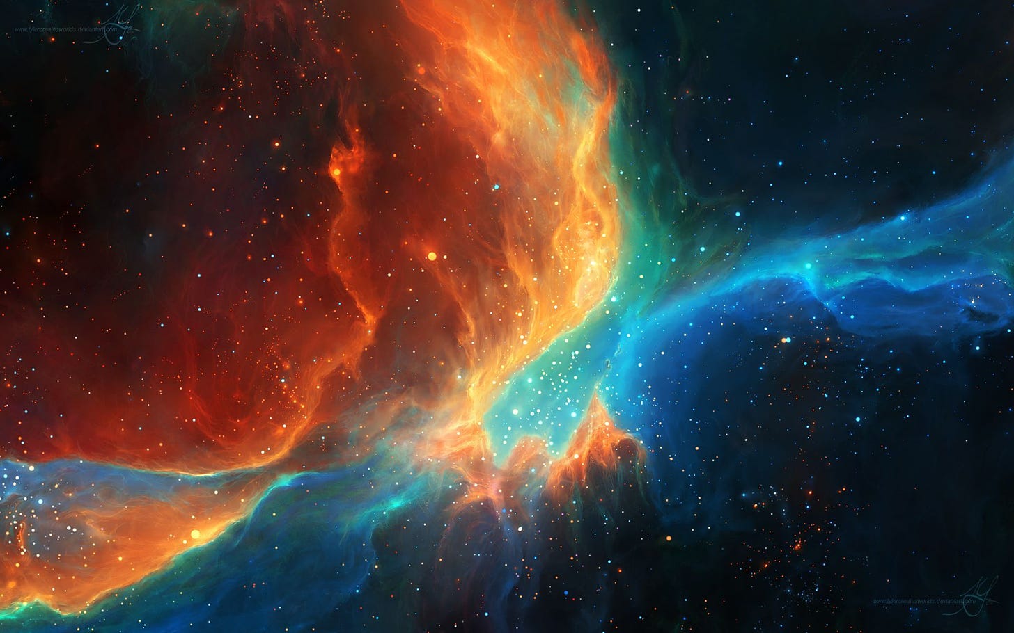 Duas nebulosas colidem no espaço sideral. Sob um céu escuro cheio de estrelas, uma onda de gás laranja, como o sol, e outra azul, como o céu sem nuvens, se misturam.