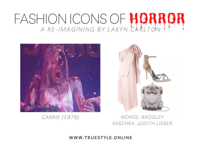 Re-imagining of Carrie White’s pig blood covered pale pink prom dress. An asymmetrical one shoulder pale pink dress, pink crystal strappy sandals and a crystal evening bag shaped like a pig.