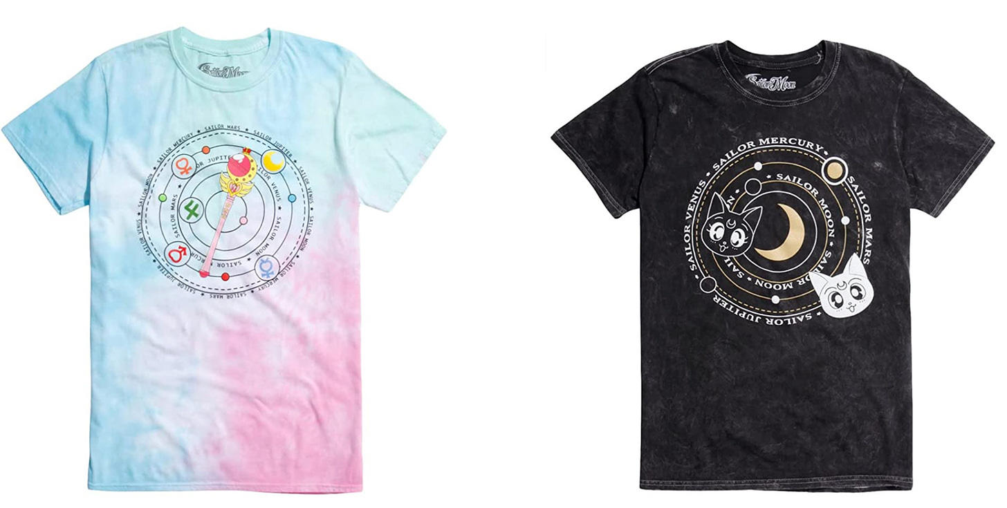 A pink and blue Sailor Moon T-shirt with planetary symbols and a black T-shirt with Artemis and Luna's heads on it.