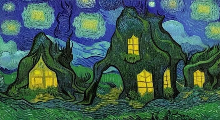 AI-generated image based on prompt: Fantasy cottage in an otherworldly forest on an alien planet by Vincent Van Gogh
