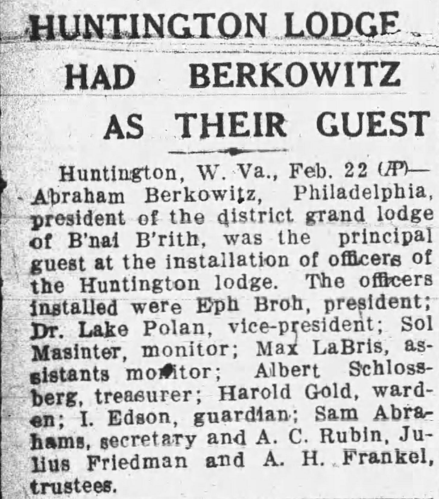 Newspaper article detailing the events of a meeting of the local B'nai B'rith. 