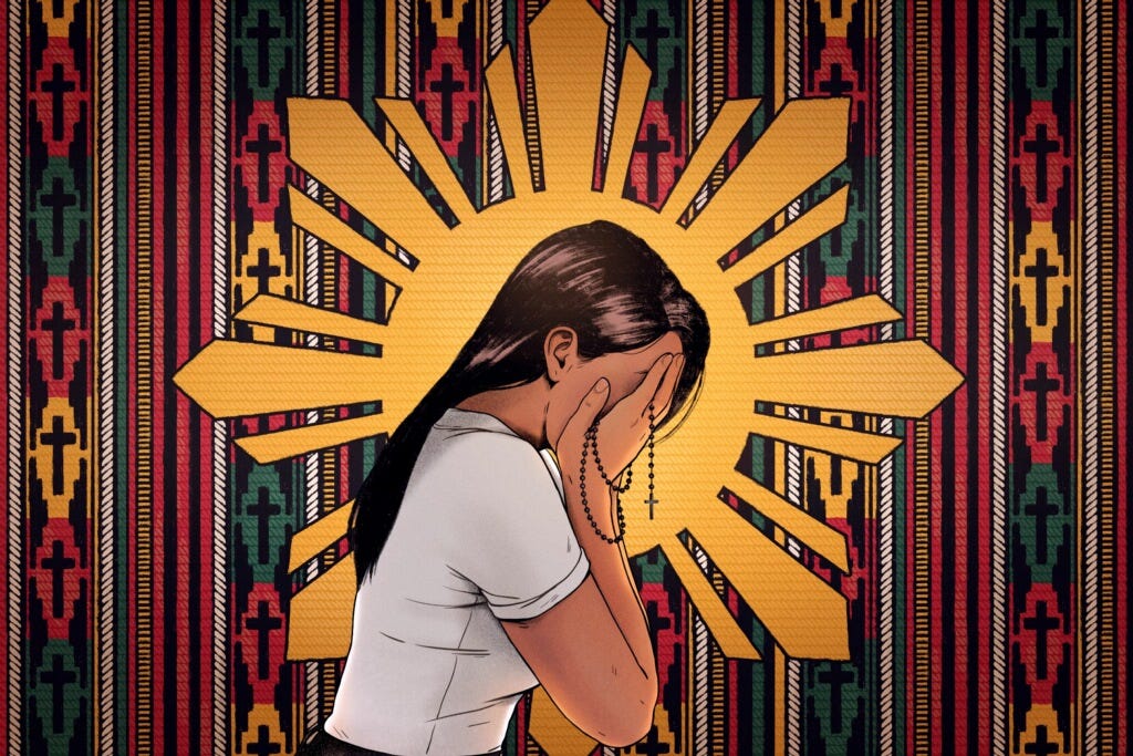 This is an illustration that complements an article about the role of Catholicism in Filipino American mental health. A girl with brown hair and a white T-shirt is positioned in the middle of this landscape oriented image. She is facing toward the right. Her face is buried in her hands, which are holding a Rosary. Immediately behind her is the Filipino sun — a yellow sun with eight rays. Behind the sun is an assortment of thin vertical lines. Some of those lines feature columns of crosses stacked on top of each other. There are six columns of crosses in this image.