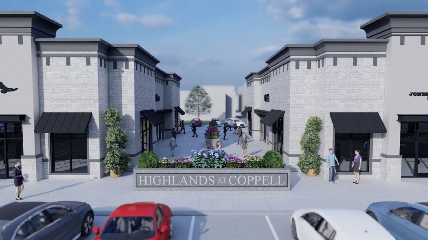A rendering of the Highlands at Coppell office park, featuring white brick buildings with grey accents and black awnings