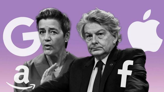 Thierry Breton, Margrethe Vestager and the logos of Google, Apple, Facebook and Amazon