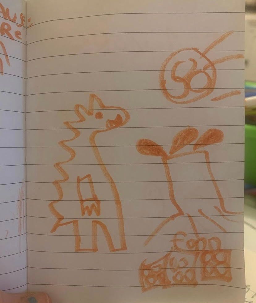 A dinosaur is going about its day when an asteroid hits a volcano - a child's drawing