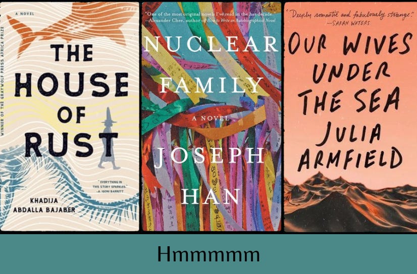 Covers of the three listed books in a row above the text “Hmmmmm” on a teal background.