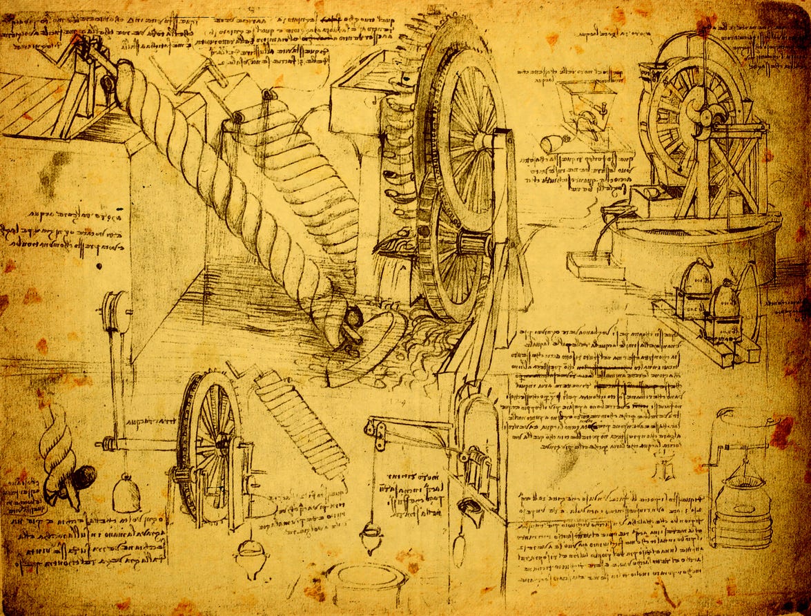 Leonardo da Vinci drawing of various machines.