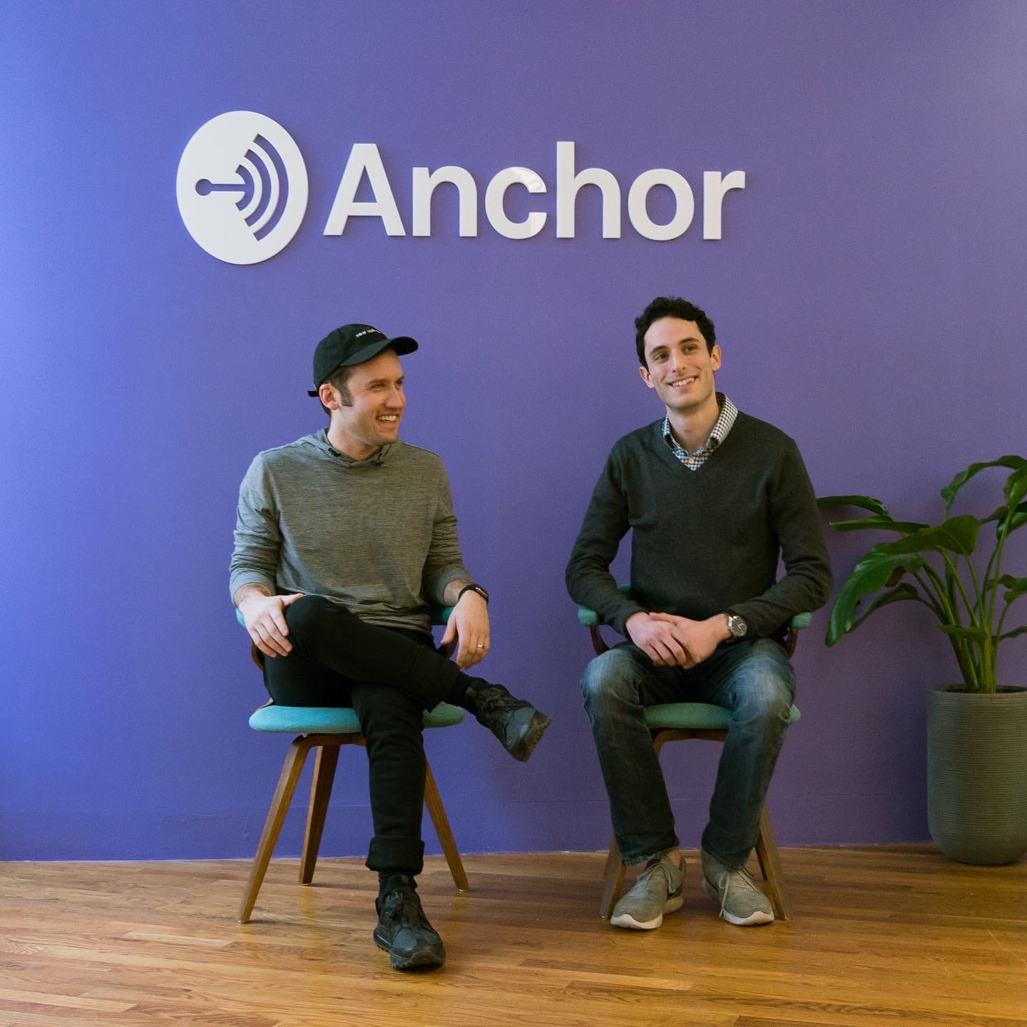 A photo of the co-founders of Anchor, the world's largest podcasting platform. On the left is Michael Mignano, CEO of Anchor, and on the right is Nir Zicherman, CTO of Anchor. The photo was taken sometime around 2018 in the former Anchor office before the company was acquired by Spotify.