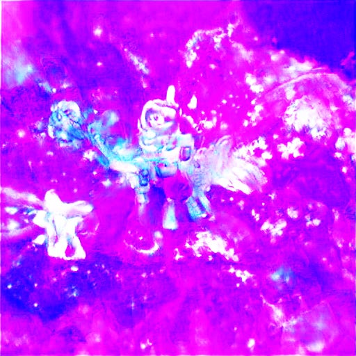 The background is vividly magenta and two figures in the foreground might be ponies, and one of them might even be in a space helmet with a unicorn horn. Definitely requires some imagination.