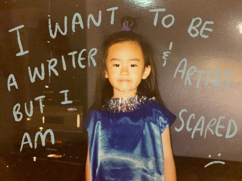 6 year old asian girl dressed up as a star for a play and the huge text around her says I want to be a writer and artist but I am scared : (