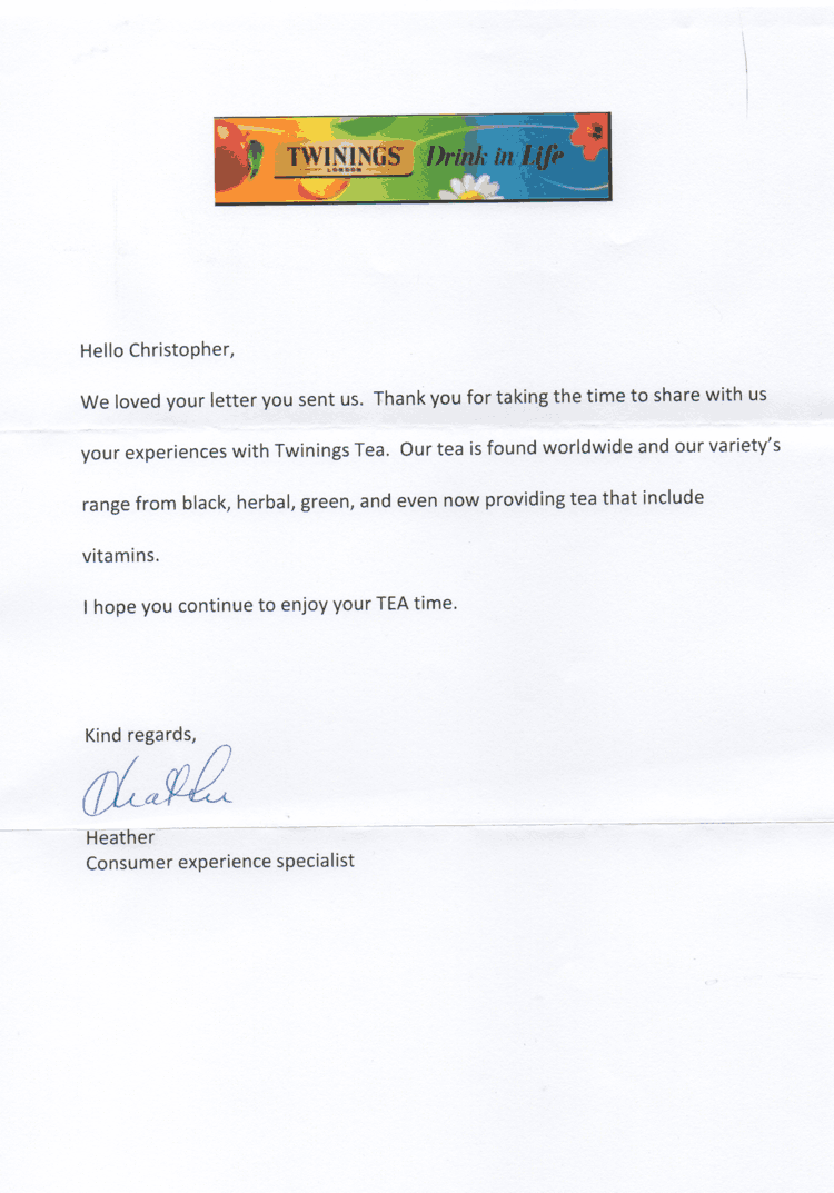 Scan of the letter from Twinings Tea. Transcript follows.