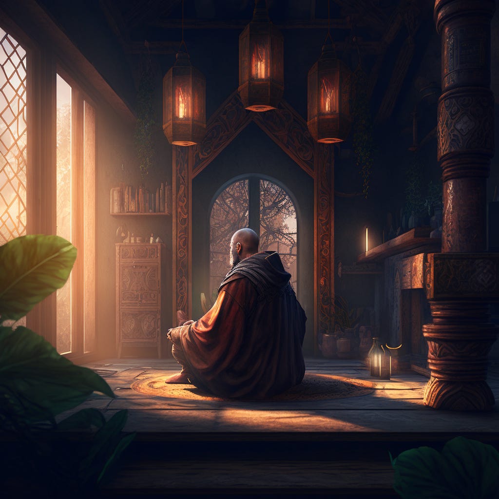 a monk meditating inside of a comfy solarpunk cottage + highly detailed + intricate design + photogasm + cinematographic still image + dramatic atmosphere + prize-winning photo + impressionistic oil painting + realism + hyper details + unreal engine render + depth of field + volumetric soft lighting + sharp focus + denoise + 8k + post-production