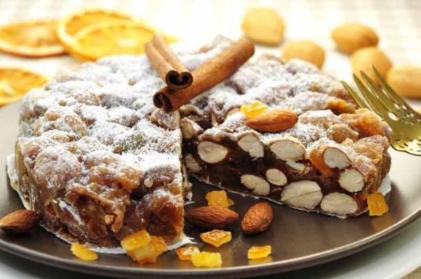 Panaforte is an Italian dessert, a kind of fruitcake, which contains fruits and nuts. (Printemps / Adobe Stock)