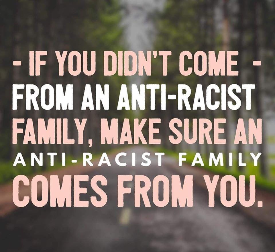 Image may contain: text that says 'IF YOU DIDN'T COME FROM AN ANTI-RACIST FAMILY, MAKE SURE AN ANTI- NTI-RACIST FAMILY COMES FROM YOU.'