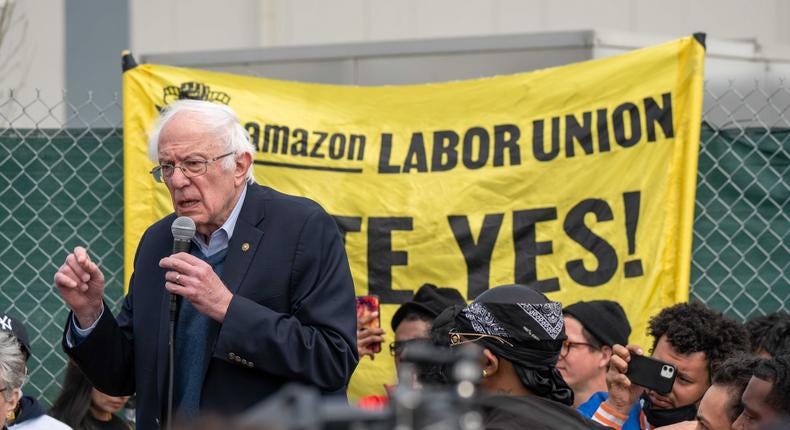 Sen. Bernie Sanders (I-VT) speaks at an Amazon Labor Union rally on April 24, 2022 in New York City. Sen. Bernie Sanders (I-VT) and Rep. Alexandria Ocasio-Cortez (D-NY) traveled to Staten Island to meet with workers who successfully organized the first union at an Amazon facility in the United States.