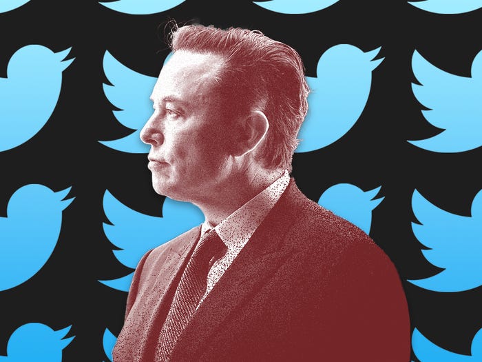 Elon Musk in front of Twitter birds.