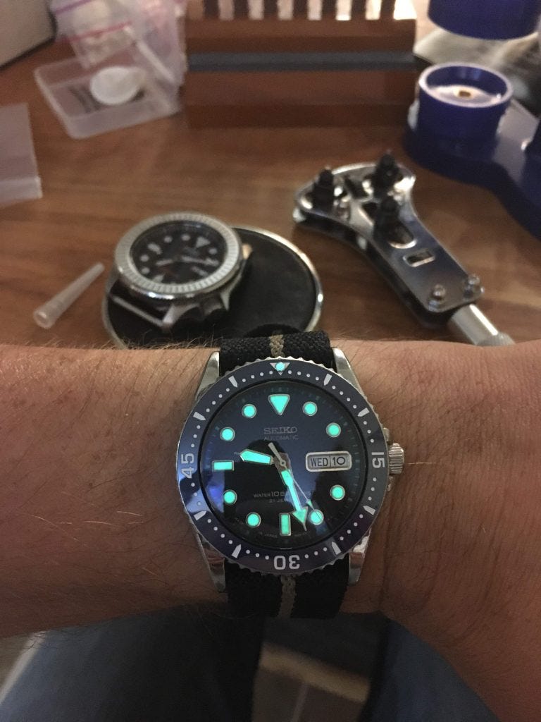 Upgraded bezel (ceramic blue) and crystal (domed sapphire) on wrist