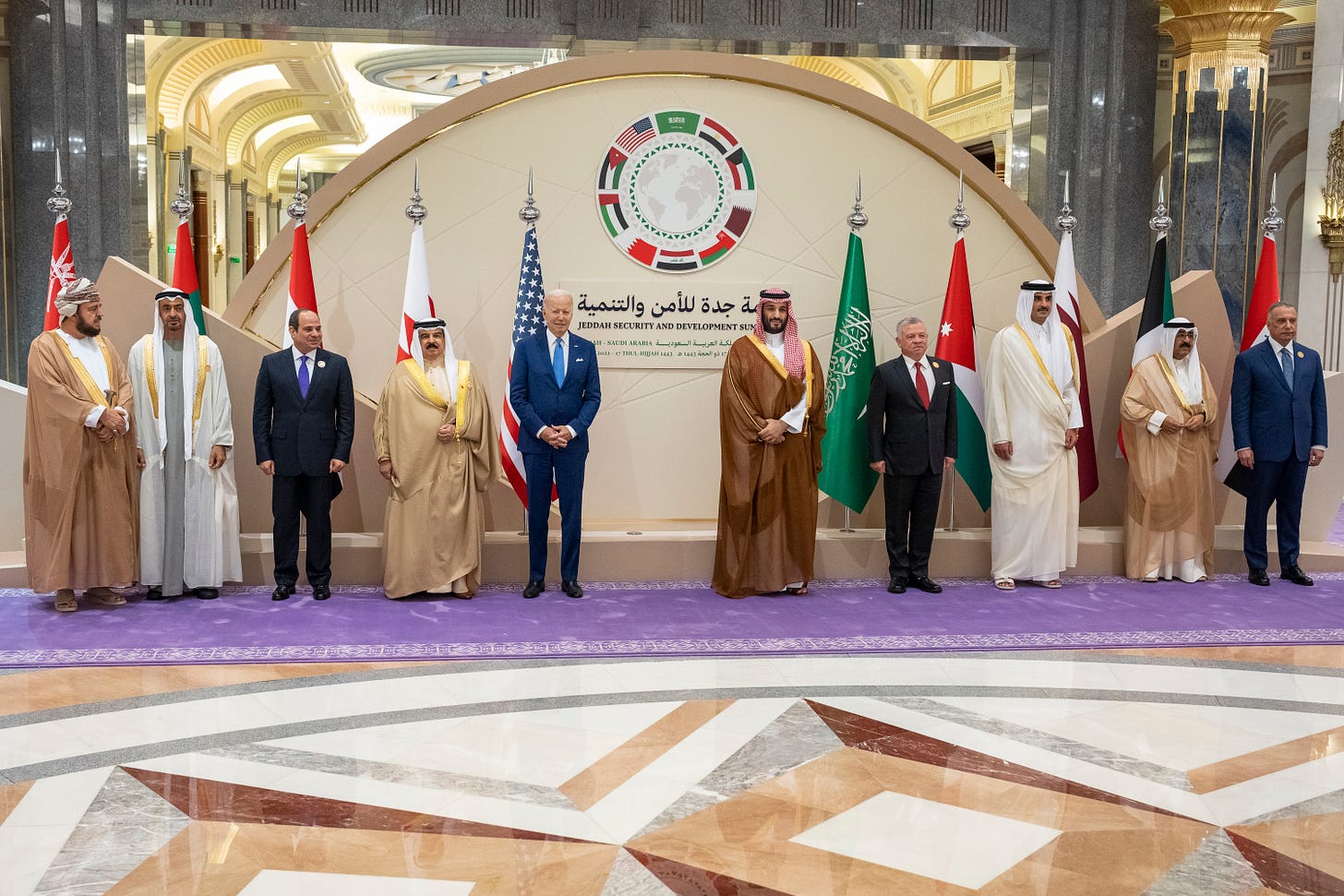 US President Biden and Saudi Crown Prince MBS, among other leaders from the region, at the Jeddah Security and Development Summit in July 2022, in Jeddah, Saudi Arabia (Image: Twitter/@POTUS)