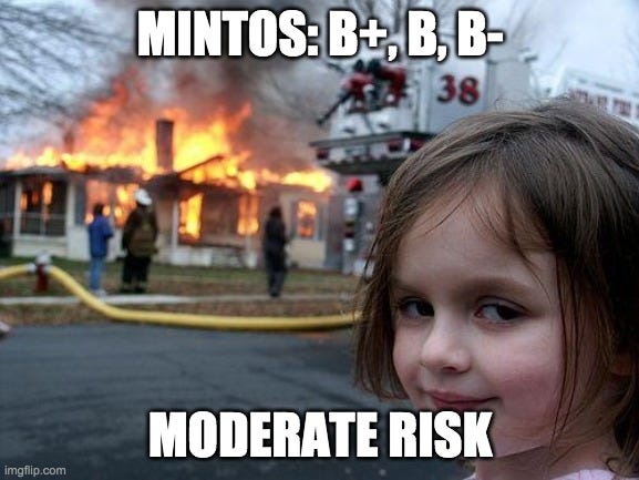 Disaster Girl Meme |  MINTOS: B+, B, B-; MODERATE RISK | image tagged in memes,disaster girl | made w/ Imgflip meme maker