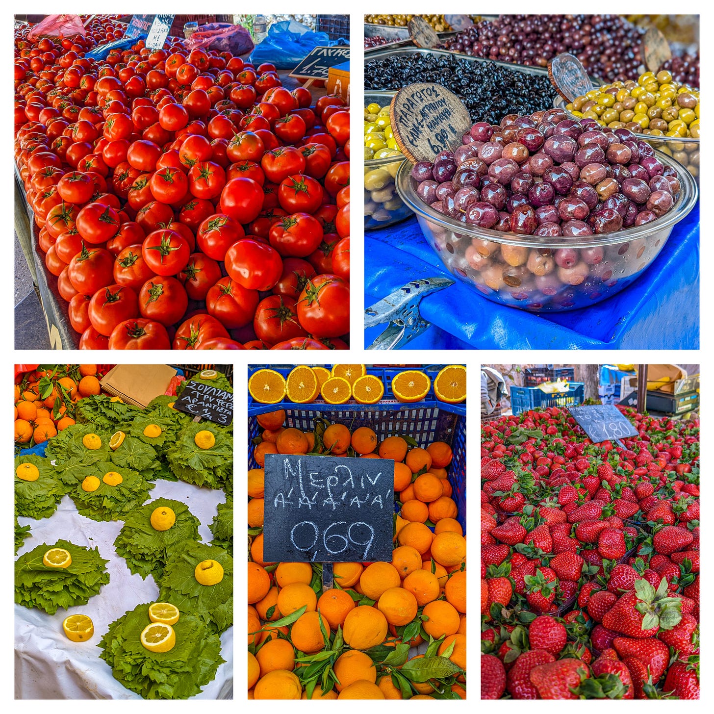 Collage showing piles of bright red tomatoes, bowls of olives, stacks of green herbs, piles of oranges, and bright red strawberries heaped on a table. 