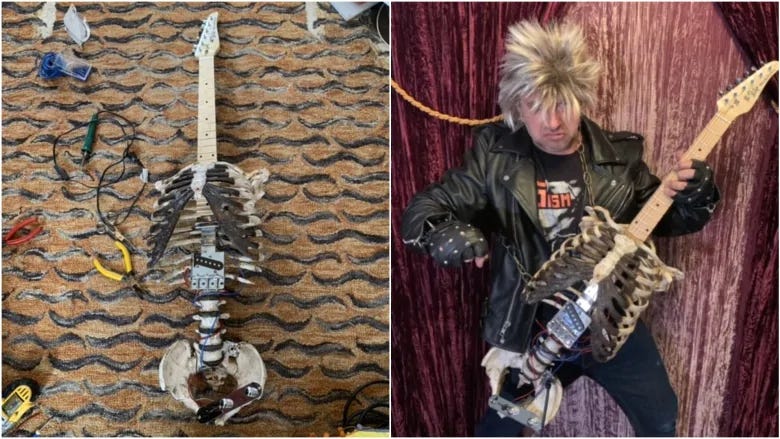 Picture of a guitar made out of a spine and rib cage, and Midnight Prince playing it.