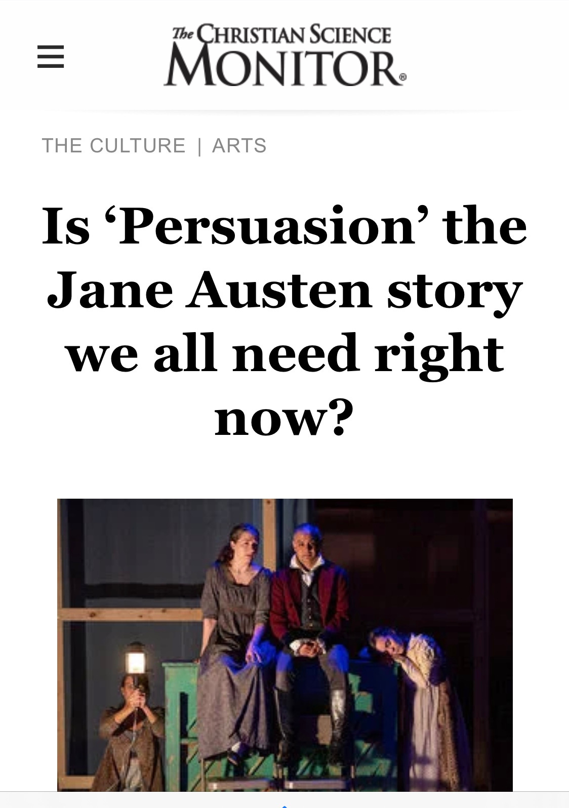 Playwright Sarah Rose Kearns is featured in this Christian Science Monitor piece about adapting this classic Jane Austen story for the stage. We also spoke with writer and educator Damianne Scott. The photo featured here is by Ashley Garrett, courtesy of Bedlam 