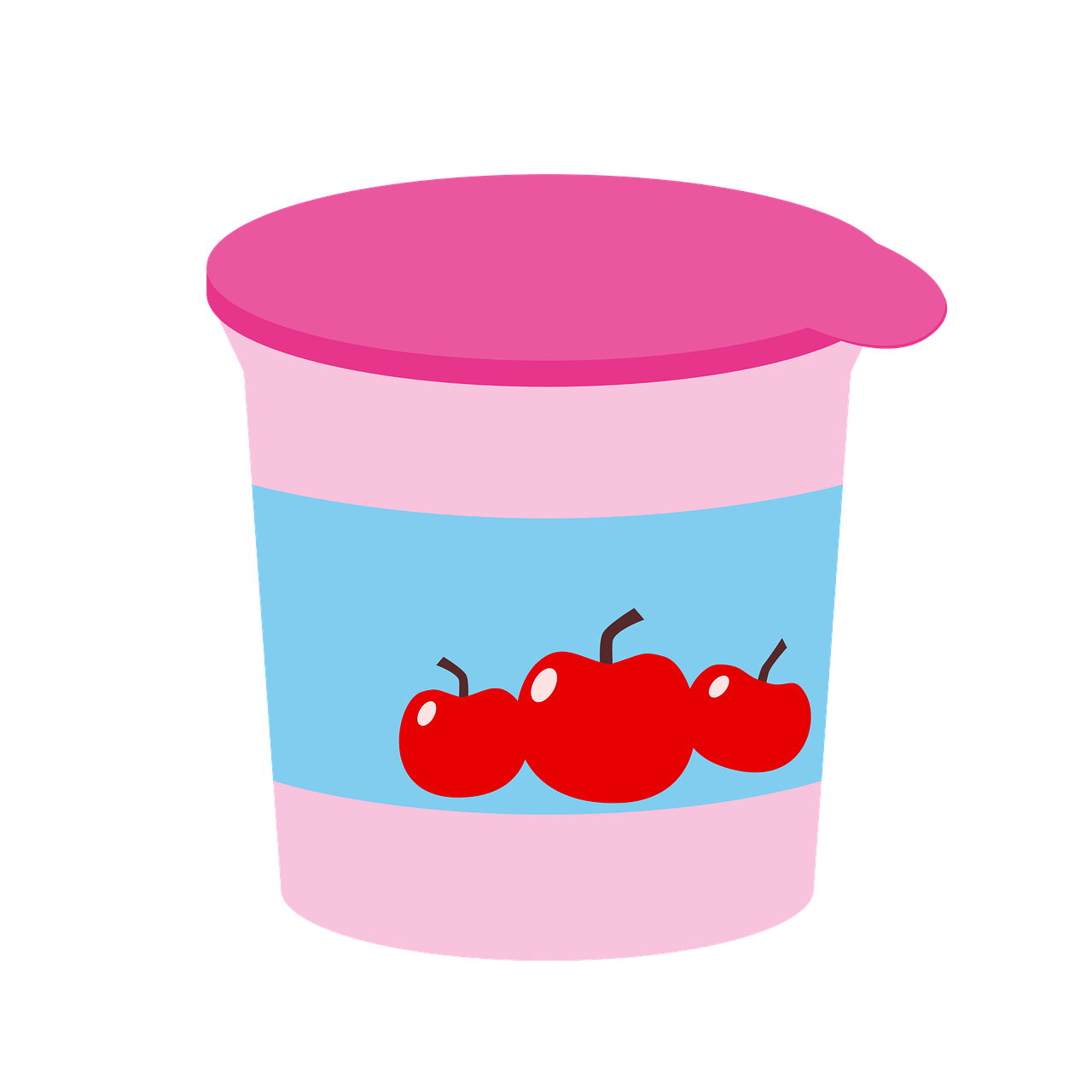 Drawing of a yogurt carton with a bright pink lid, and cherries on the side.