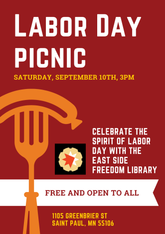a red graphic with white text that reads "LABOR DAY PICNIC" and event details. "Free and open to all" a symbol of a fork holding a hot dog