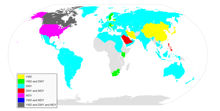 world map showing the preferred date format in various world countries.