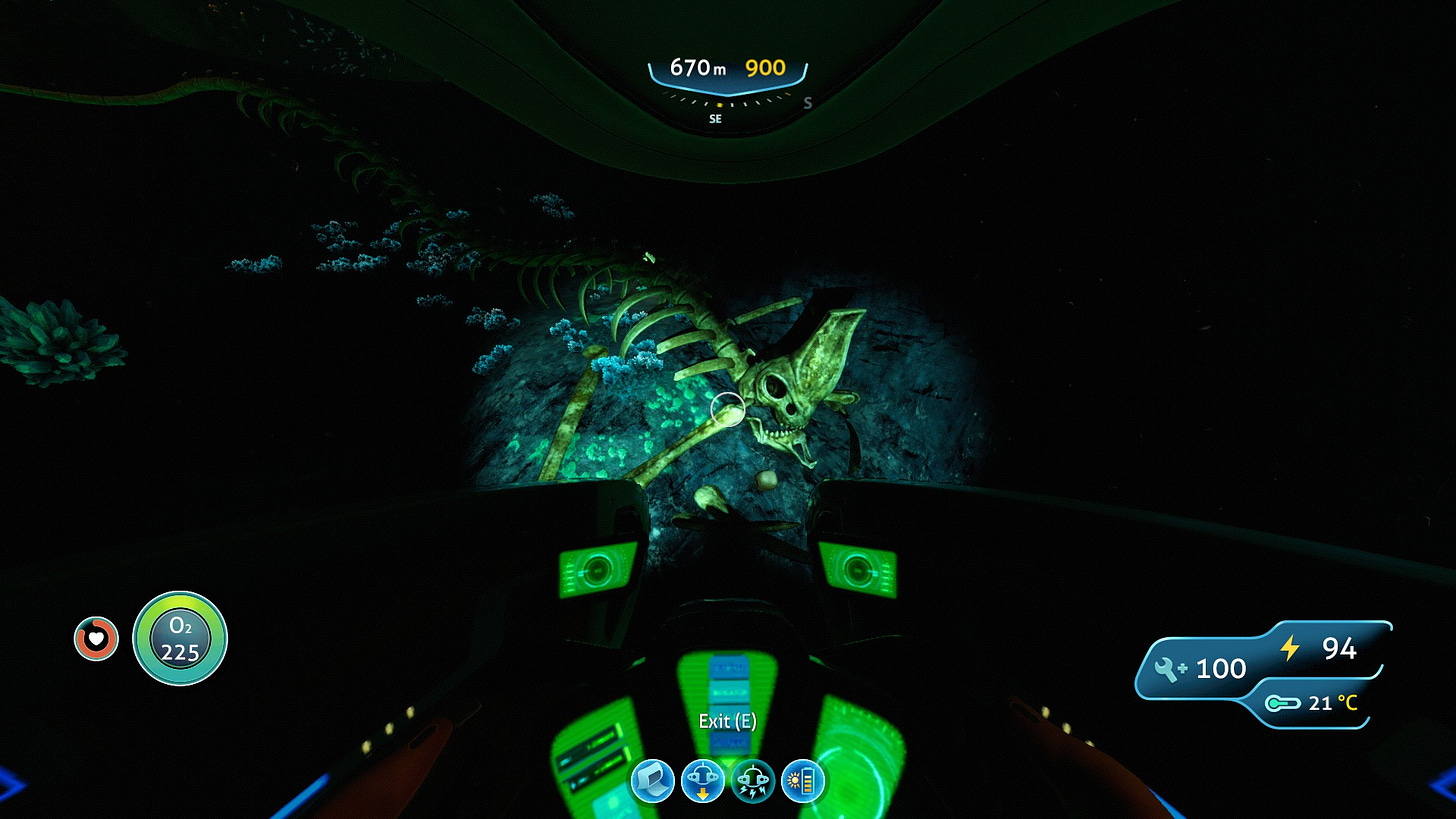 A screenshot of the game Subnautica showing a Reaper Leviathan fossil lying 670m deep on oceanic rock floor of planet 4546B, seen through the inside of the Seamoth vehicle HUD.