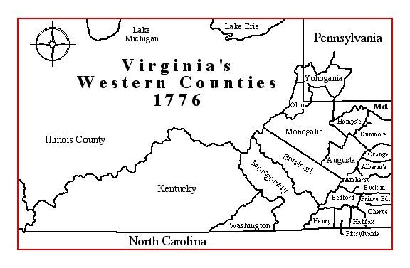 A picture of the western counties of Virginia in 1776, including the county of Kentucky (corresponding to the modern state).