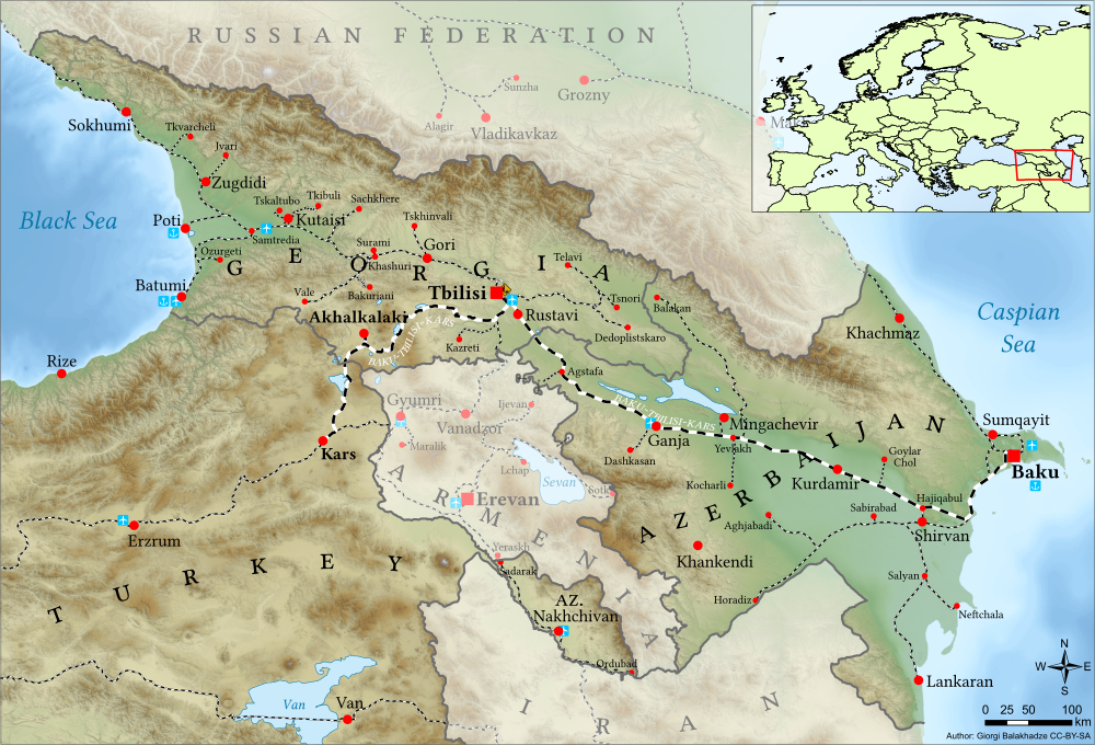 Map of the Baku-Tbilisi-Kars rail line. Image: tk, Wikipedia.
