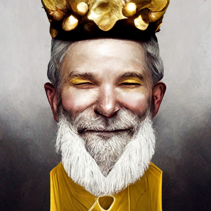 A digital rendering of a king with a white beard and a silly look