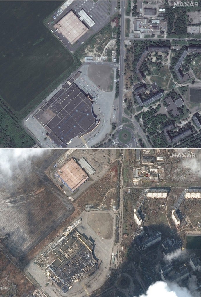 Before and after images of destroyed grocery stores and shopping malls in western Mariupol.