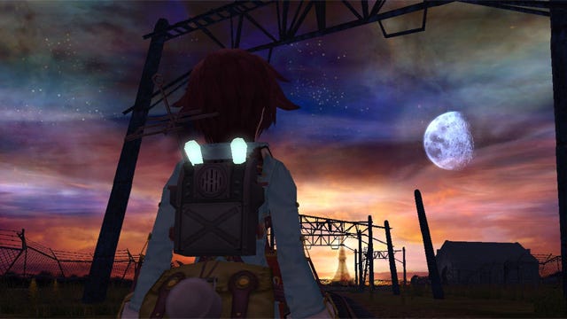 A screenshot from Fragile Dreams, where Seto has exited the underground mall, and sees Tokyo Tower illuminated in the distance.